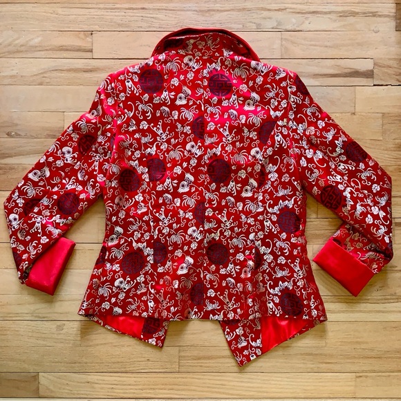 Red Du Mu Tangzhuang Jacket • Chinese-Inspired Satin Brocade • Women’s - Picture 2 of 3